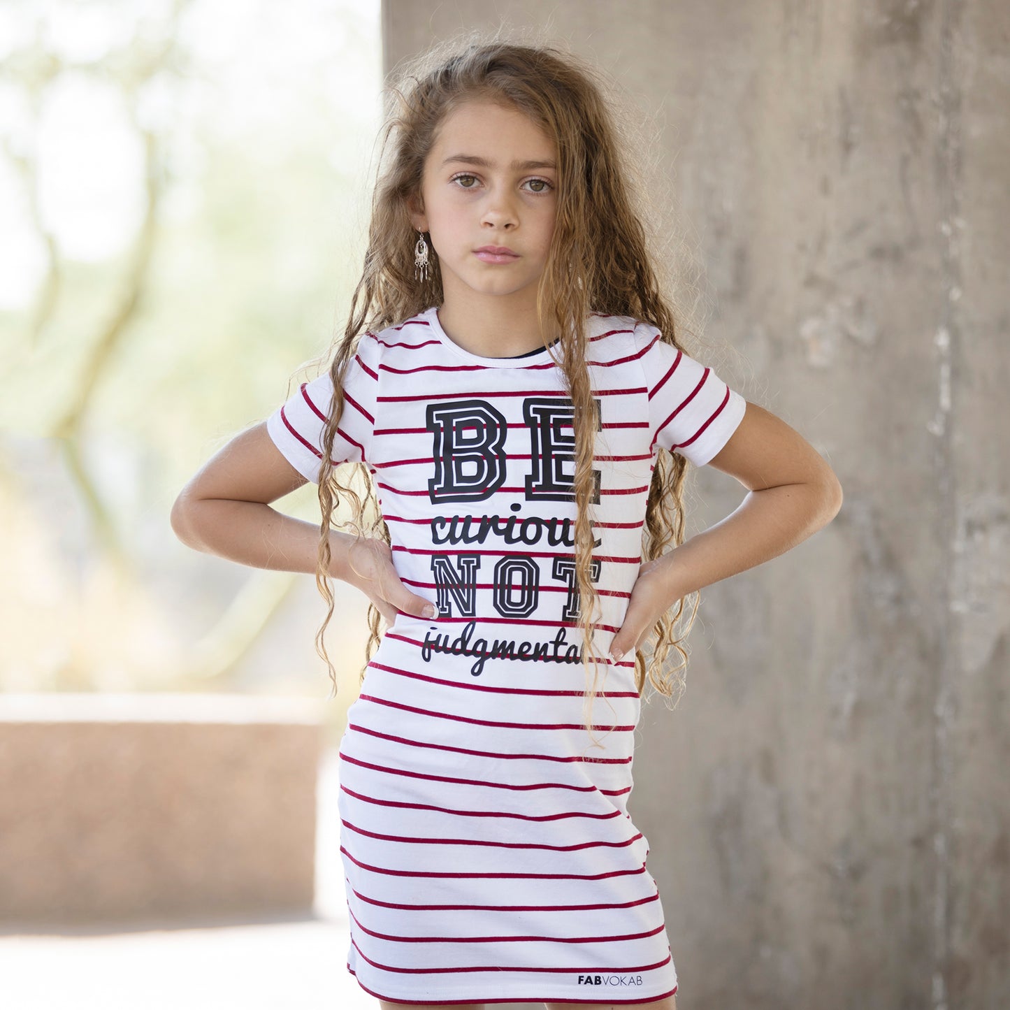 BE CURIOUS NOT JUDGEMENTAL GIRLS WHITE AND RED STRIPED DRESS FABVOKAB