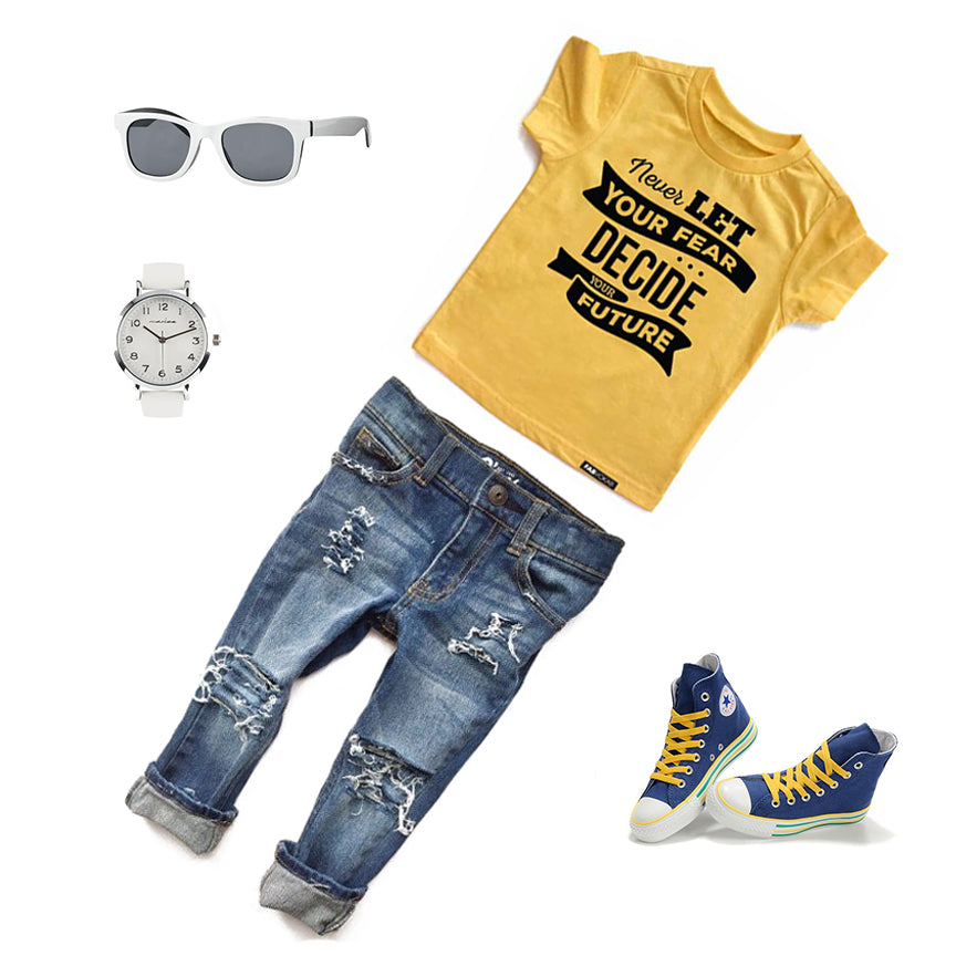 NEVER LET YOUR FEAR DECIDE YOUR FUTURE Yellow Short Sleve Kids T-shirt FABVOKAB