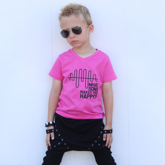 WHAT SONG MAKES YOU HAPPY? Kids PINK graphic tee FABVOKAB