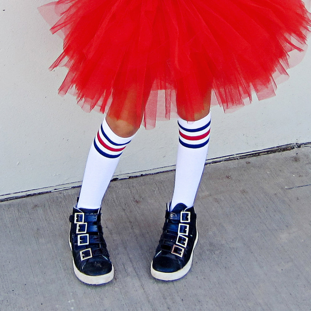 GIRLS KNEE HIGH WHITE WITH BLUE AND RED STRIPES SOCKS FABVOKAB