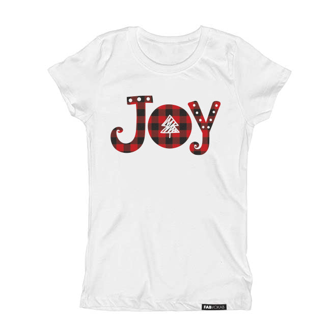 JOY (PLAID) GIRLS, BOYS, TEEN HOLIDAYS, CHRISTMAS KIDS Short Sleeve T-shirt FABVOKAB