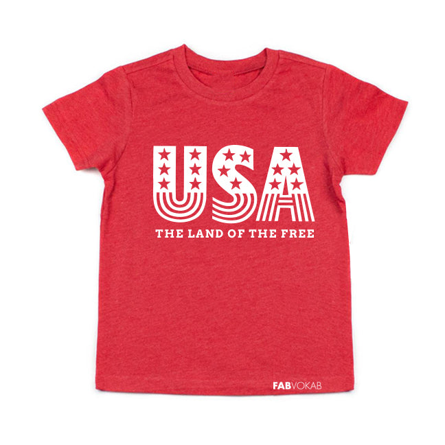 USA, THE LAND OF THE FREE Red Short Sleeve Kids Teen T-shirt FABVOKAB
