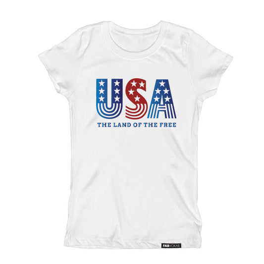 USA the land of the free. Kids, Girls, Boys, Teen T-shirt (red and blue foil) FABVOKAB