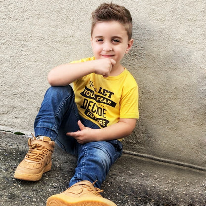 NEVER LET YOUR FEAR DECIDE YOUR FUTURE Yellow Short Sleve Kids T-shirt FABVOKAB