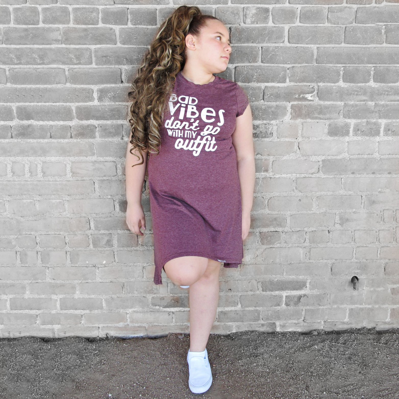 BAD VIBES DON'T GO WITH MY OUTFIT GIRLS BURGUNDY HEM DRESS FABVOKAB
